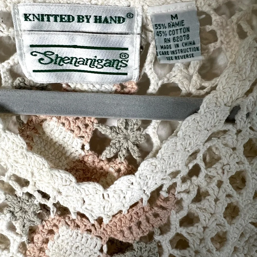 Shenanigans Crochet Top Sweater 3/4 Sleeves Boho Ramie Cotton SZ M EUC